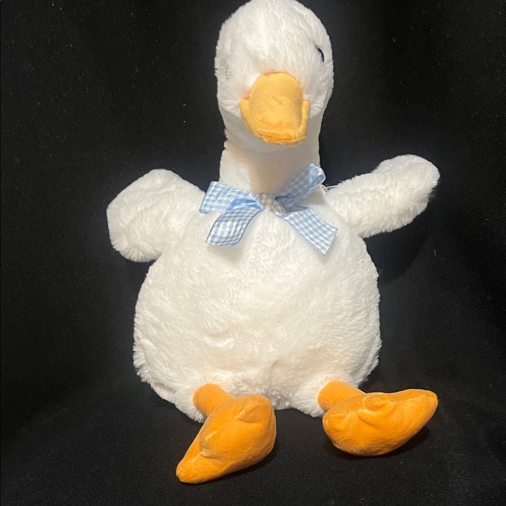White Plush Duck Toy with Blue Gingham Bow - Soft Cuddly Bird